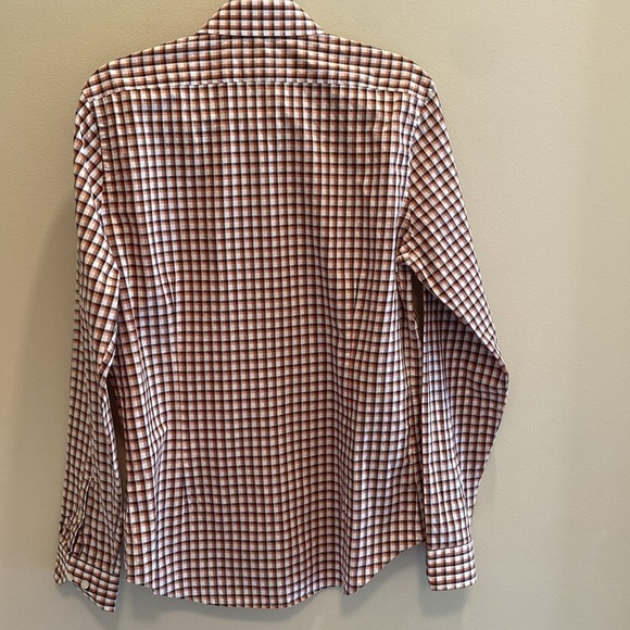 Express Fitted Button Down Dress Shirt Orange Gray White Plaid Size Medium - Picture 5 of 6